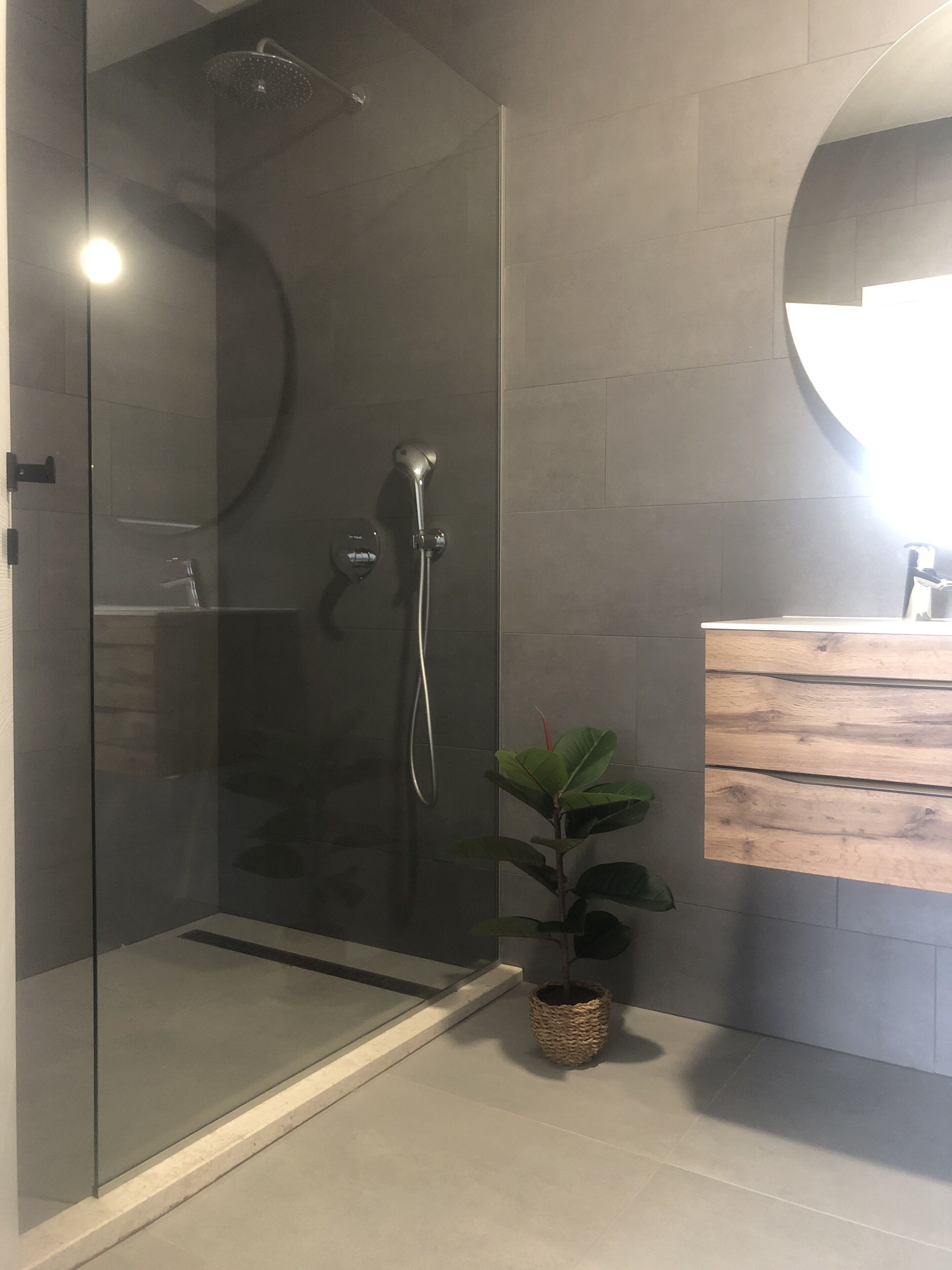 A modern bathroom with a glass-enclosed shower, a wooden vanity, and a potted plant.