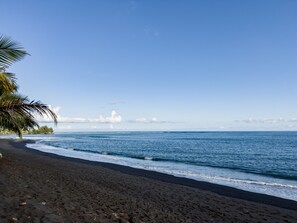 A beach with dark sand, a palm tree, and calm ocean waves under a clear sky. - TAHITI - Taharuu Bungalow Surf Piti (Papara)