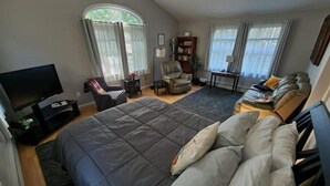 A modern bedroom with a large bed, a TV, a chair, and a sofa.