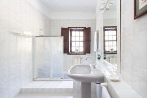 Shower, hair dryer, towels