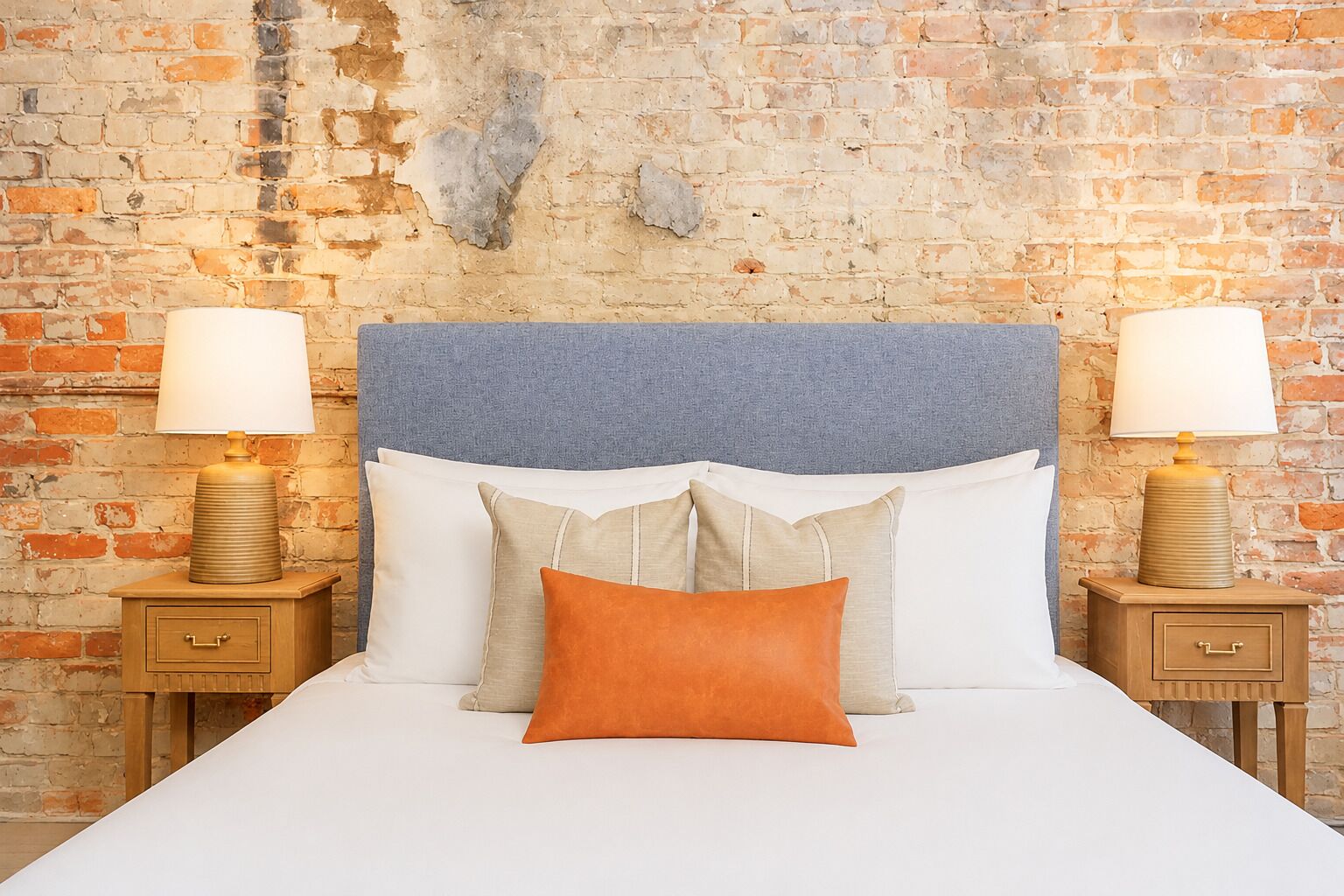 Un lit avec une tête de lit blanche, deux tables de chevet avec des lampes et un mur en briques en arrière-plan.