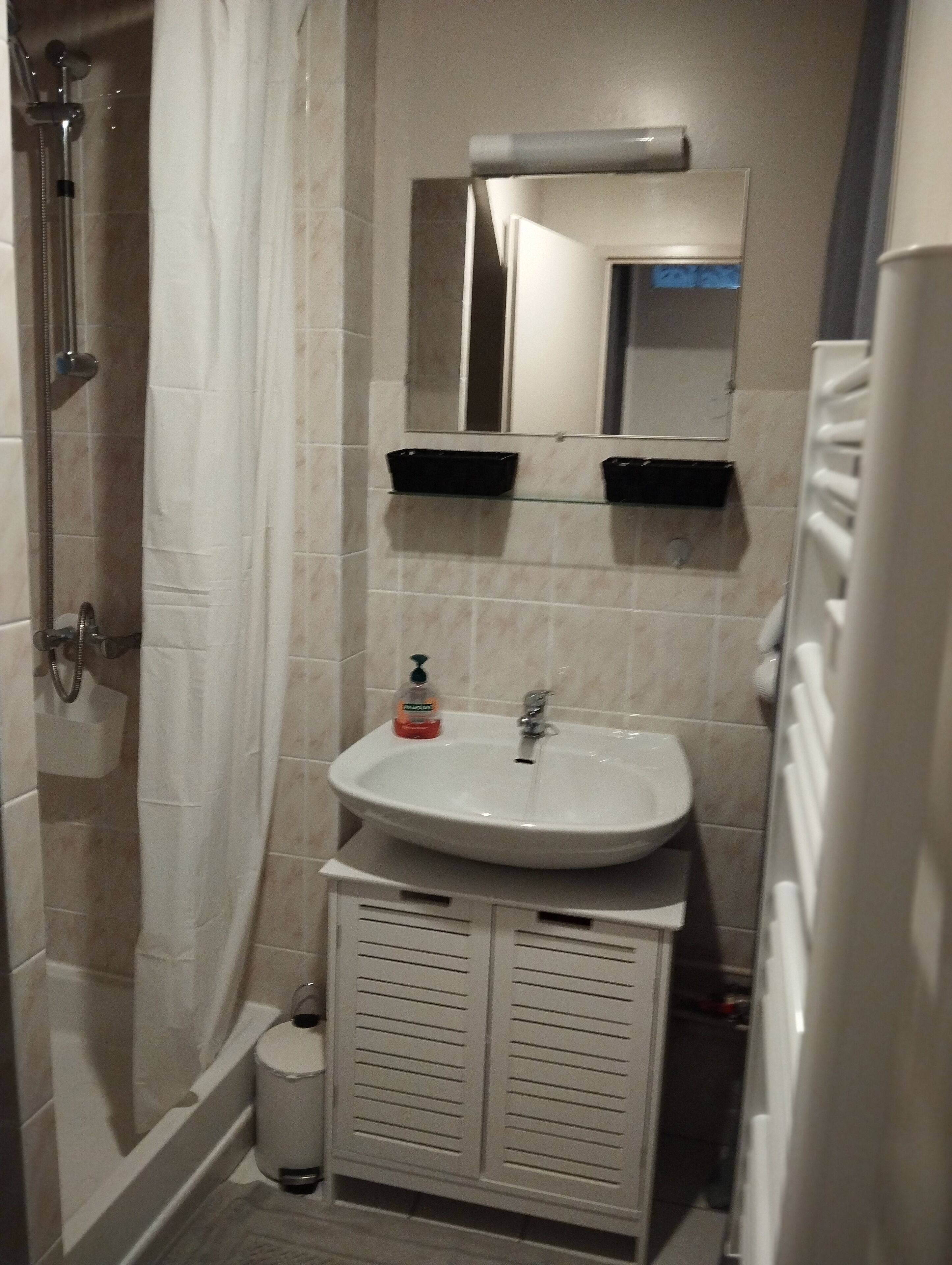 Regadera, secadora de cabello, toallas, papel de baño 