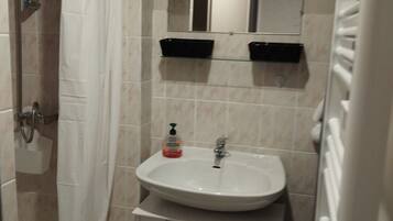 Regadera, secadora de cabello, toallas, papel de baño