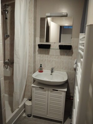 Douche, sèche-cheveux, serviettes fournies, papier toilette