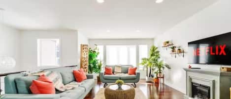 Smart TV, chimenea y libros