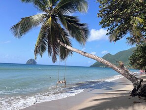 A beach with a palm tree leaning over the water, a swing, and a distant island.
