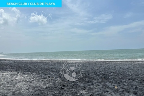 A beach with a black sand shore and a clear sky.