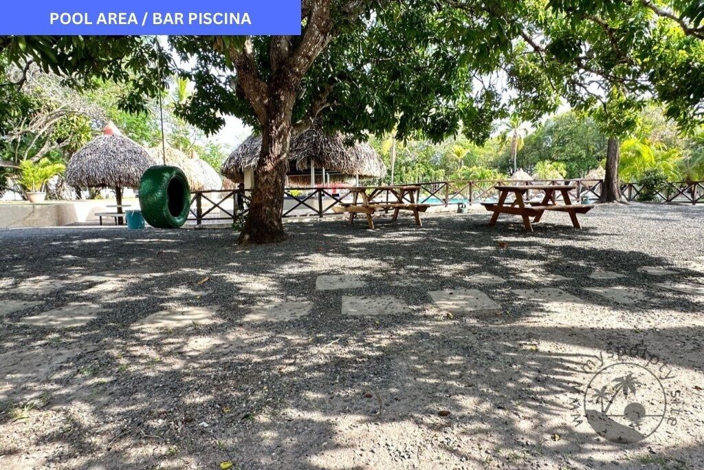 A pool area with picnic tables and a thatched-roof hut.