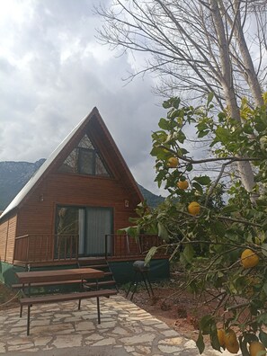 Comfort-Bungalow, Blick auf den Innenhof | Wohnbereich