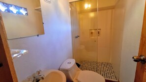 Regadera, toallas, jabón, shampoo 