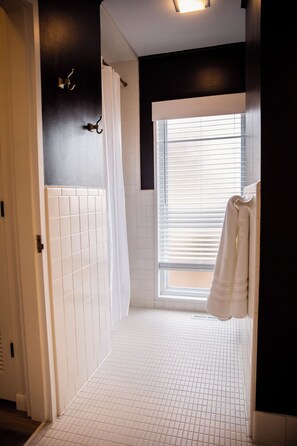 Shower, hair dryer, towels - The suite is themed to complement the mid-century modern design of the Main House (Cherokee Village)