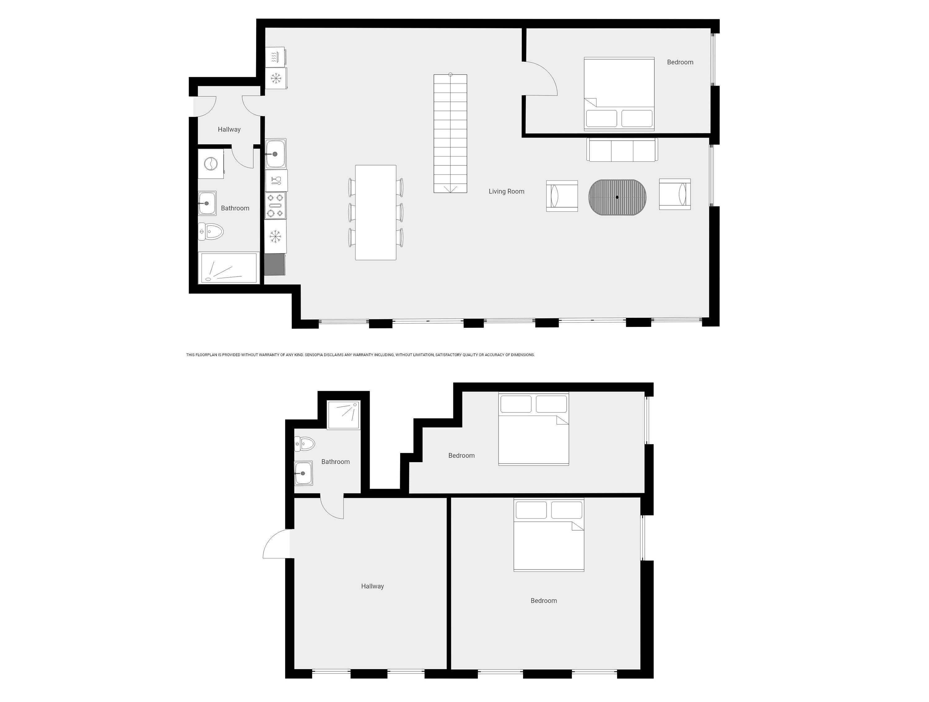 En planritning över ett hotellrum med vardagsrum, två sovrum, badrum och hall.