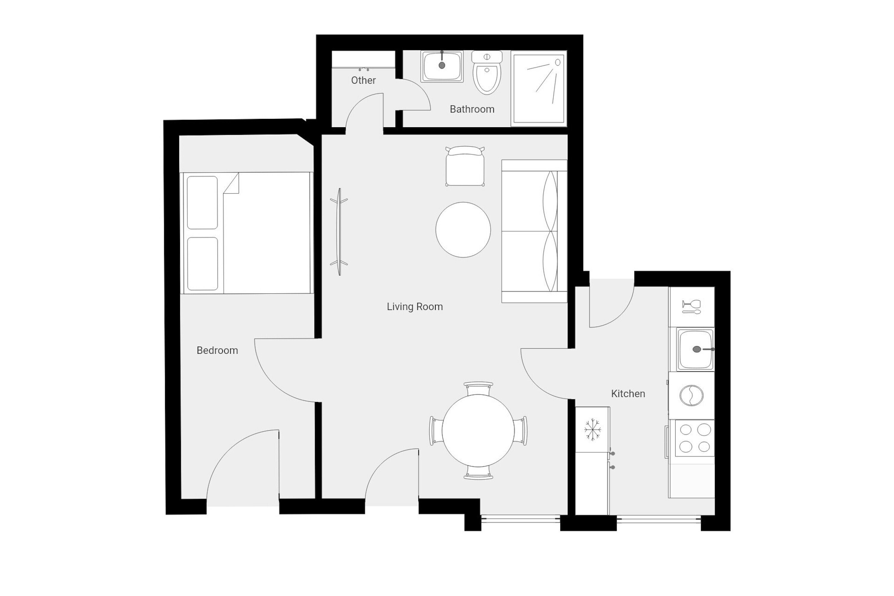 A floor plan of a hotel with a living room, kitchen, bathroom, and bedroom.