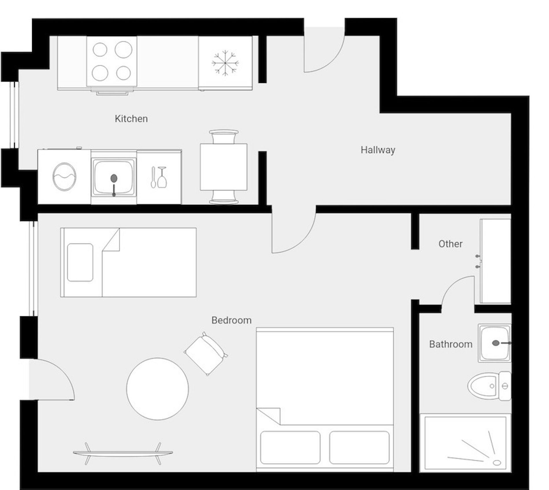 Een plattegrond met een keuken, hal, slaapkamer, badkamer en een 'Overige' ruimte.