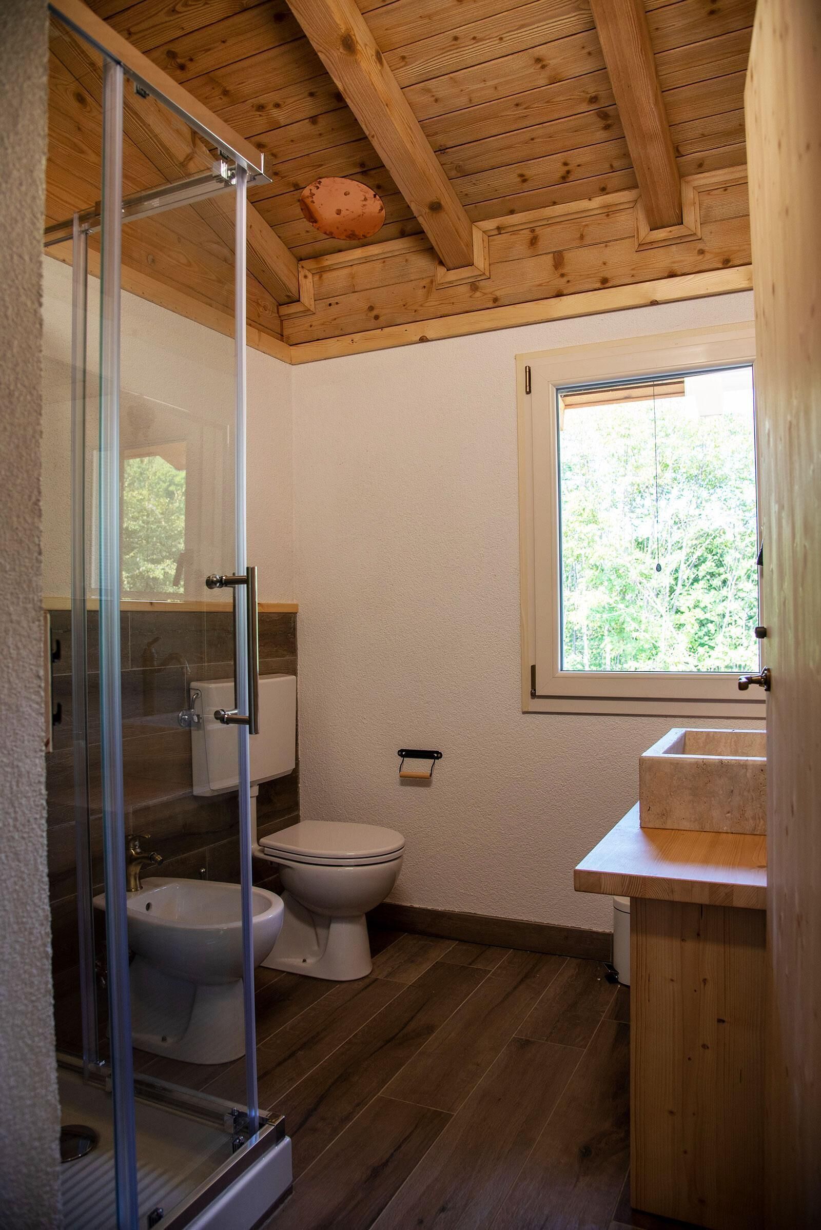Een badkamer met een douchecabine van glas, een toilet en een wastafel.