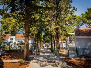 Stroll through a serene residential area surrounded by lush gardens and a simple, well-maintained white building.