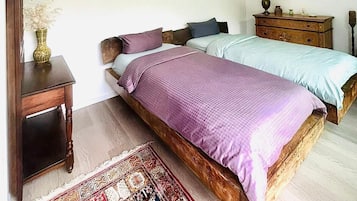 A bedroom with two beds, a wooden dresser, a small table with a vase, and a patterned rug.