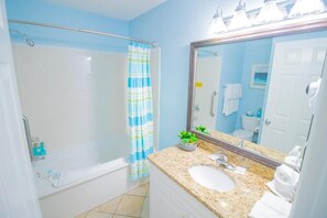 Hair dryer, towels, soap, shampoo