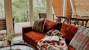 Een smart-tv, een open haard en een stereo