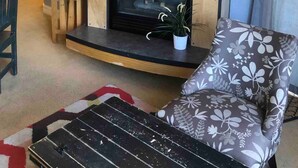 Un salon avec une cheminée, un téléviseur posé sur une étagère en bois, une plante en pot et un fauteuil à motifs floraux.