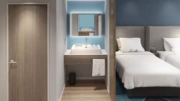 Luxe beddengoed, donsdekens, een laptopwerkplek