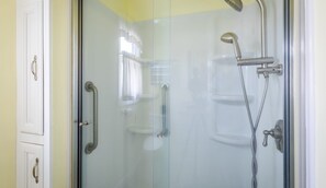 Shower, hair dryer, soap, toilet paper