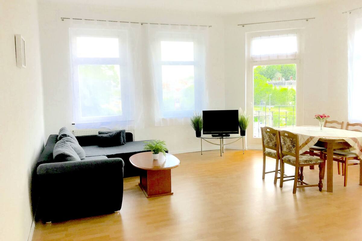 A modern living room with a black sofa, a small coffee table with a plant, a flat-screen TV, and a dining area with a table and chairs.