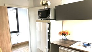 A compact kitchen with a microwave, refrigerator, and dishwasher. - Meeraner Parkresidenz (Meerane)