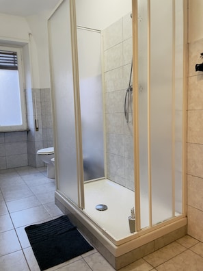 Shower, hair dryer, bidet, towels