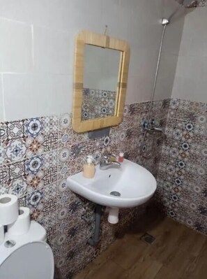 Douche, serviettes fournies, savon, shampoing