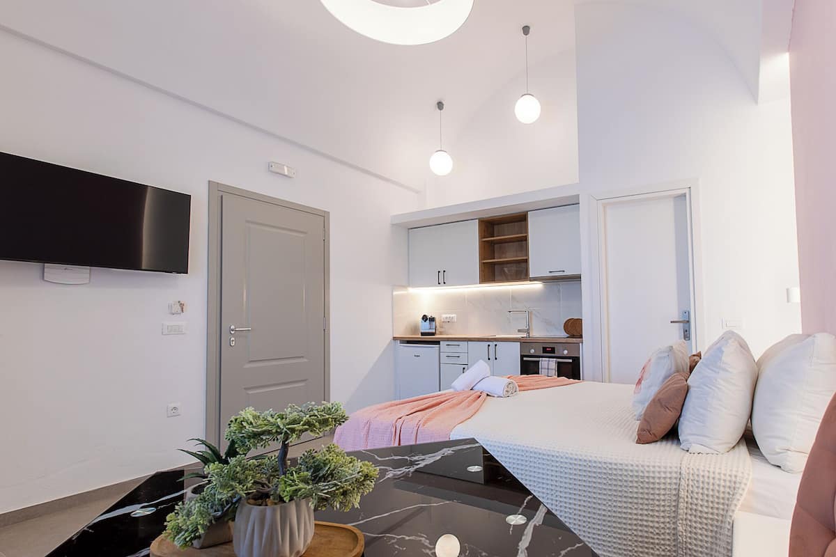 A modern bedroom with a bed, a TV, a small kitchen area, and a bathroom.