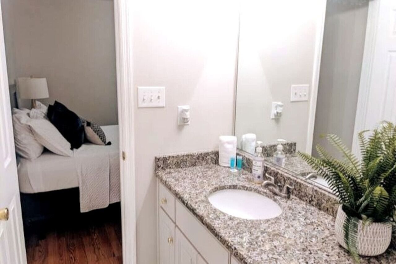 A hotel room with a bed, a bathroom with a granite countertop sink, and a potted plant.