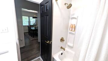 Hair dryer, towels, soap, shampoo