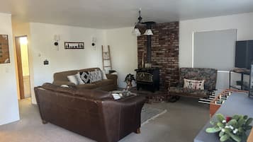 Smart TV, fireplace, foosball, books