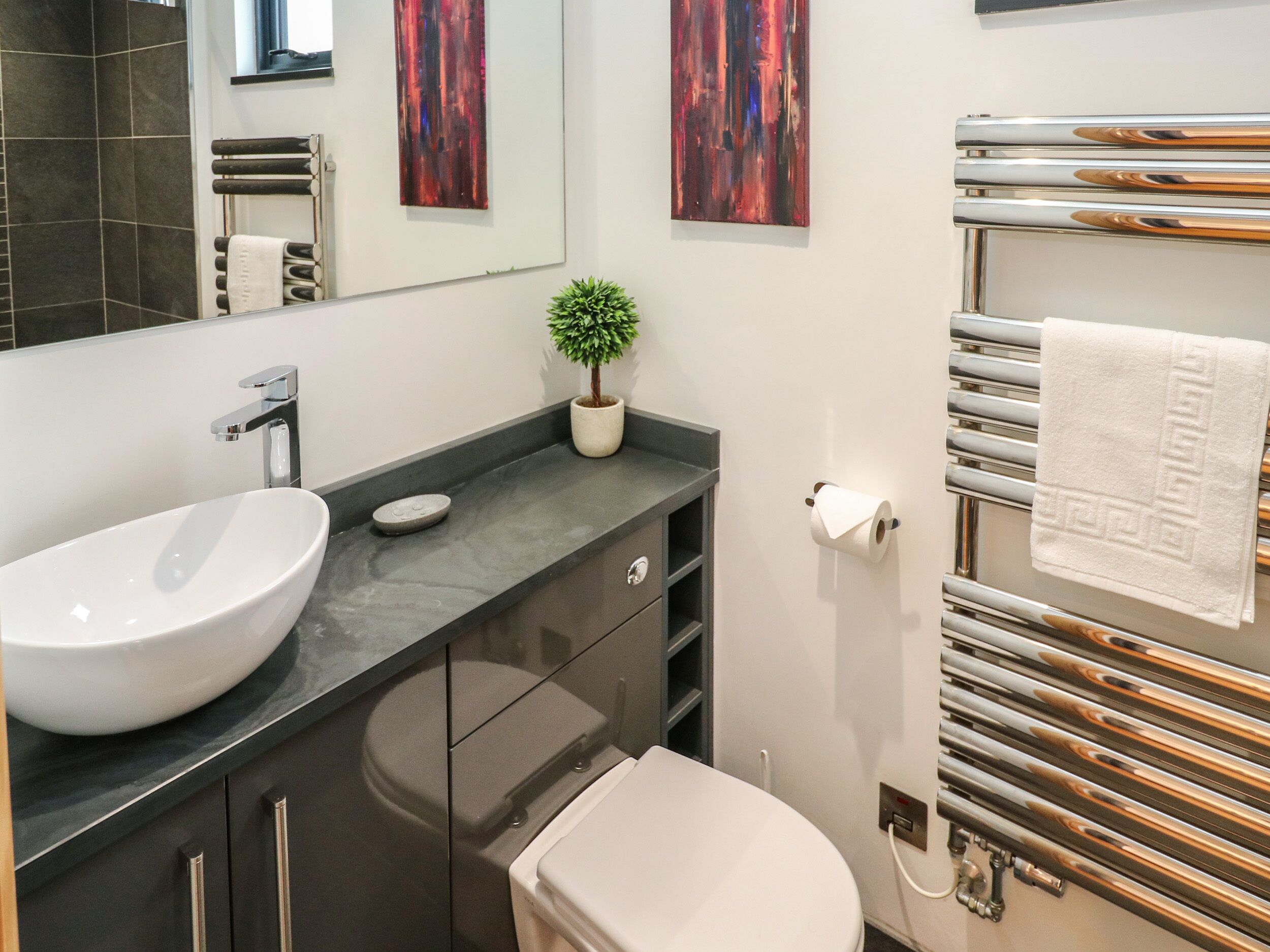 A modern bathroom with a large white sink, dark cabinets, a small potted plant, a toilet, and a towel rack with a white towel.