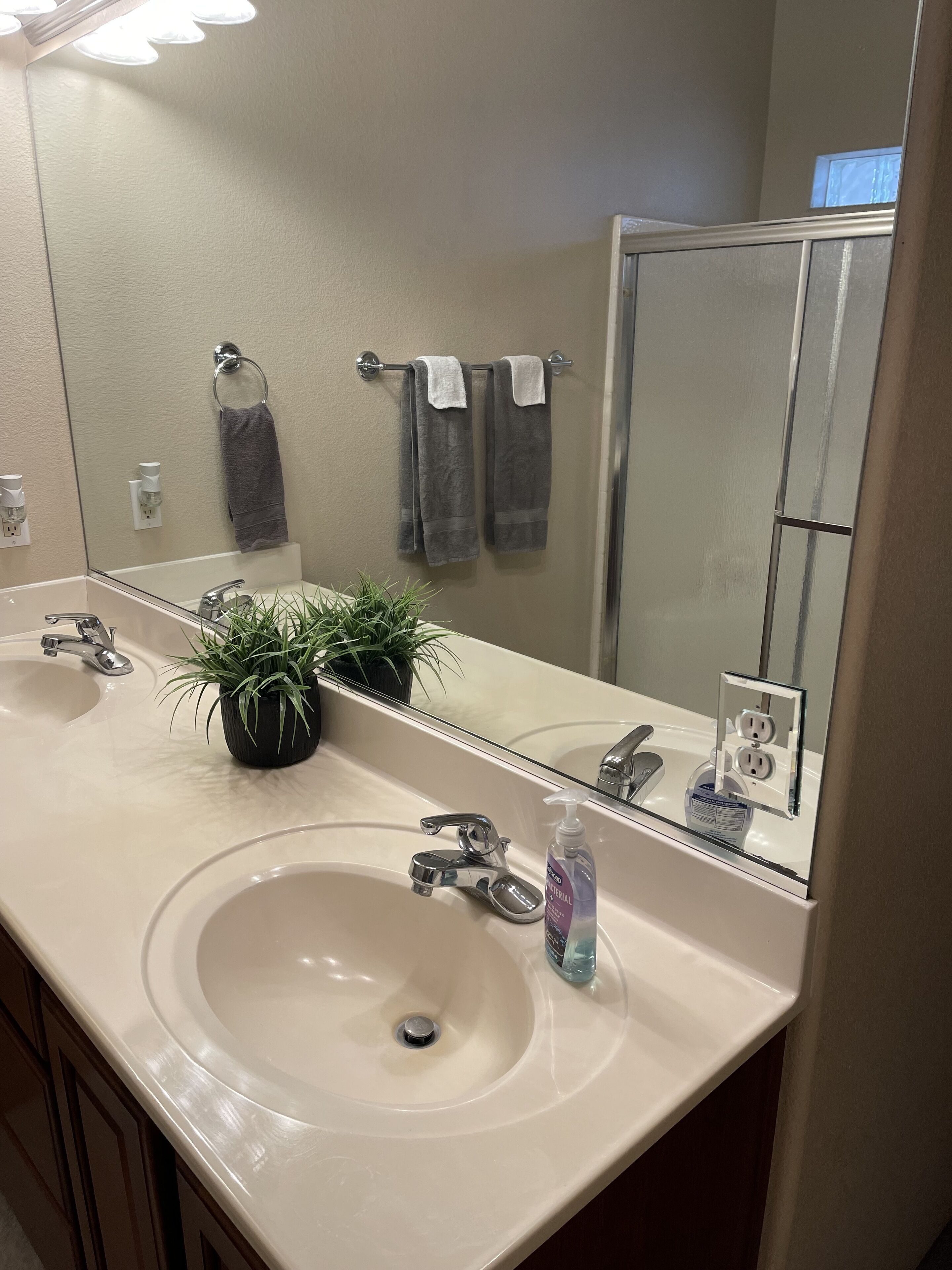 Een badkamer met twee wastafels, een spiegel en een douche. Handdoeken hangen aan een rek en er staat een potplant op het aanrecht.