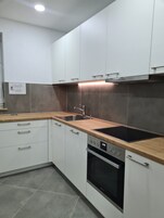 Frigorífico grande, horno, placa de cocina y lavavajillas