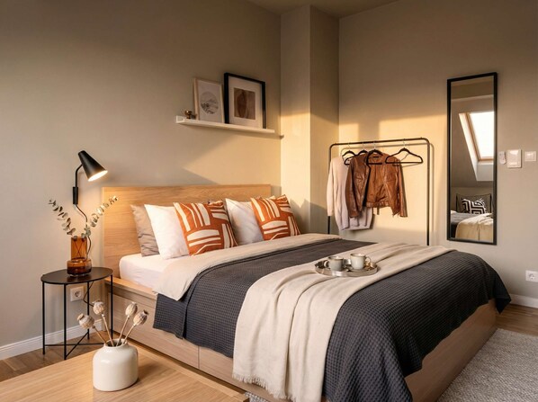 Ein modernes Schlafzimmer mit einem Holzkopfteil, einem Nachttisch mit Lampe, einem Spiegel und einem Regal mit gerahmten Bildern.