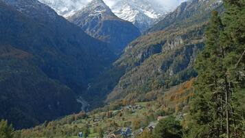 A mountainous landscape with a valley, houses, and trees.