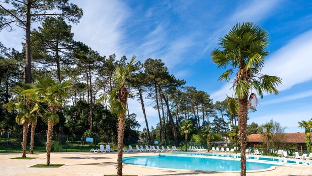 A pool area with lounge chairs, palm trees, and a clear blue sky. - Holiday Home 'Cosy Pavillon 2chambres Proche Mer' with Shared Pool, Private Terrace and Wi-Fi (Ondres)