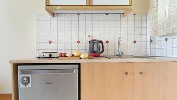 Kühlschrank, Herdplatte, Wasserkocher, Kochgeschirr/Geschirr/Besteck