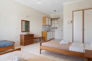 A bedroom with two beds, a wooden dresser, a desk, and a kitchenette.