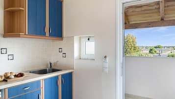 Une cuisine avec des meubles de rangement bleus, un évier et une fenêtre donnant sur un quartier résidentiel.