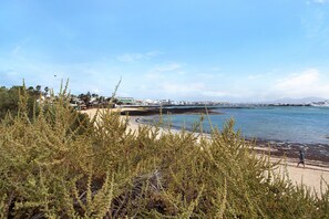 A coastal view with a beach, ocean, and distant buildings. - Vacation Home '4ever2 (copy)' with Wi-Fi and Air Conditioning (Corralejo)