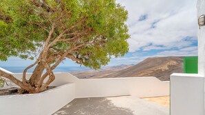 A white building with a tree in a planter, a green door, and a view of a mountainous landscape.