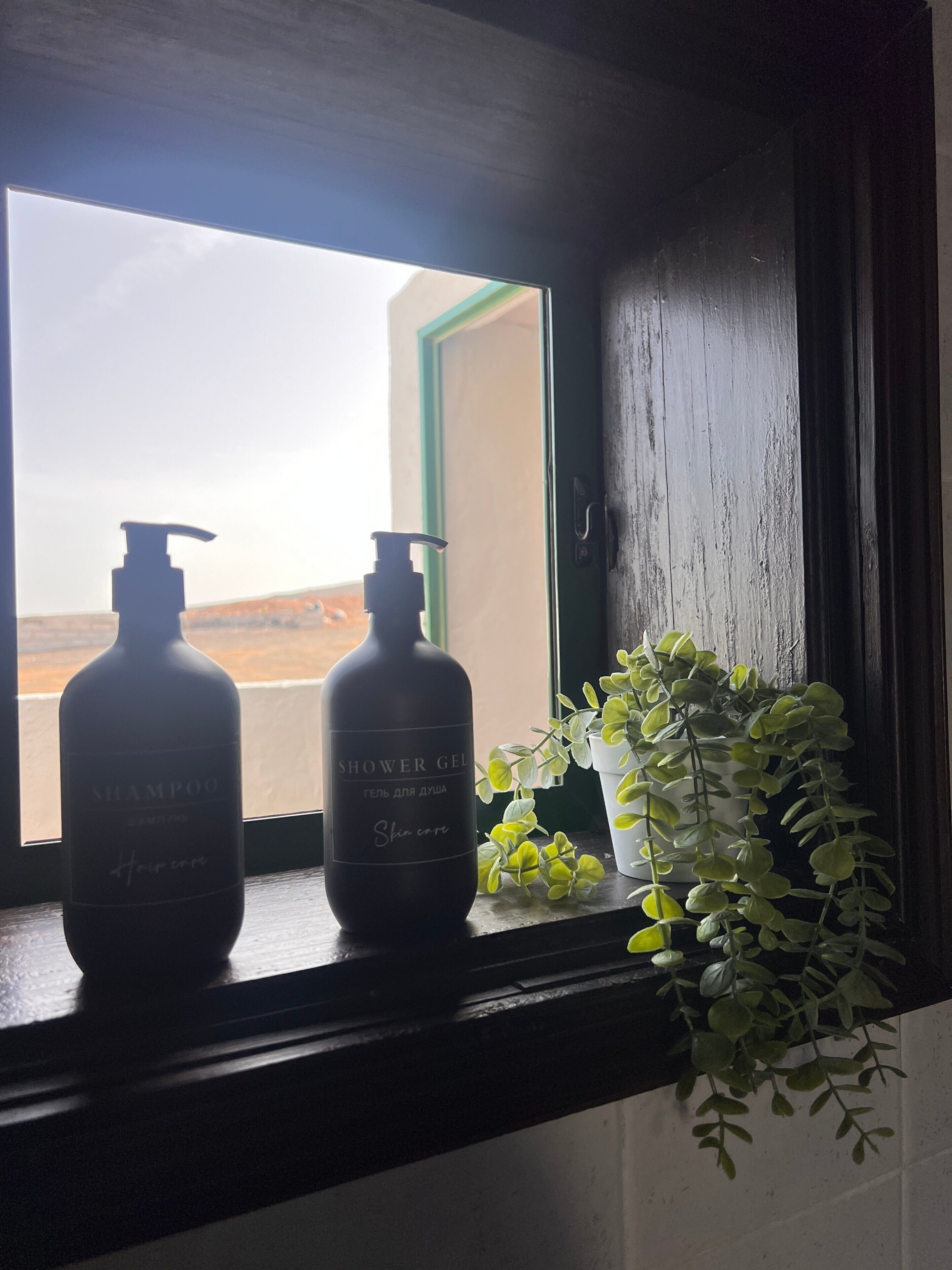 Zwei Duschgelflaschen auf einem Fensterbrett mit Blick auf eine Wüstenlandschaft.