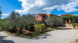 Een villa in mediterrane stijl met een grindpad, olijfbomen en een helderblauwe lucht.