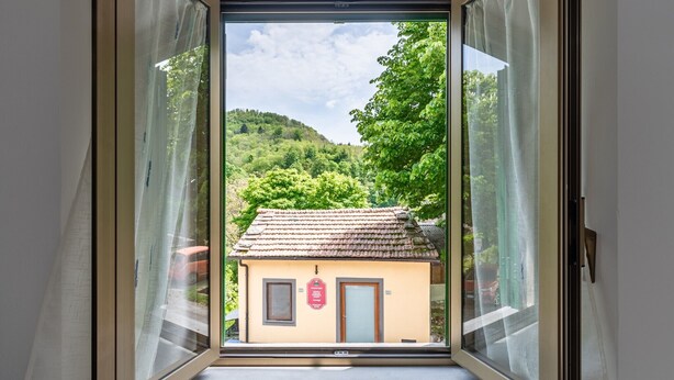 Une vue à travers une fenêtre avec des rideaux, révélant un petit bâtiment doté d’un toit en tuiles et d’une porte, entouré de verdure et d’arbres.
