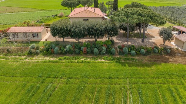 Une propriété rurale comprenant une maison principale, un bâtiment plus petit et des champs environnants.
