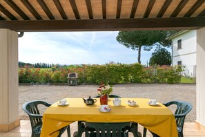 Ein überdachter Außenbereich mit Tisch, der für Tee gedeckt ist, Stühle und Blick auf einen Garten mit Blumen sowie ein Gebäude im Hintergrund.